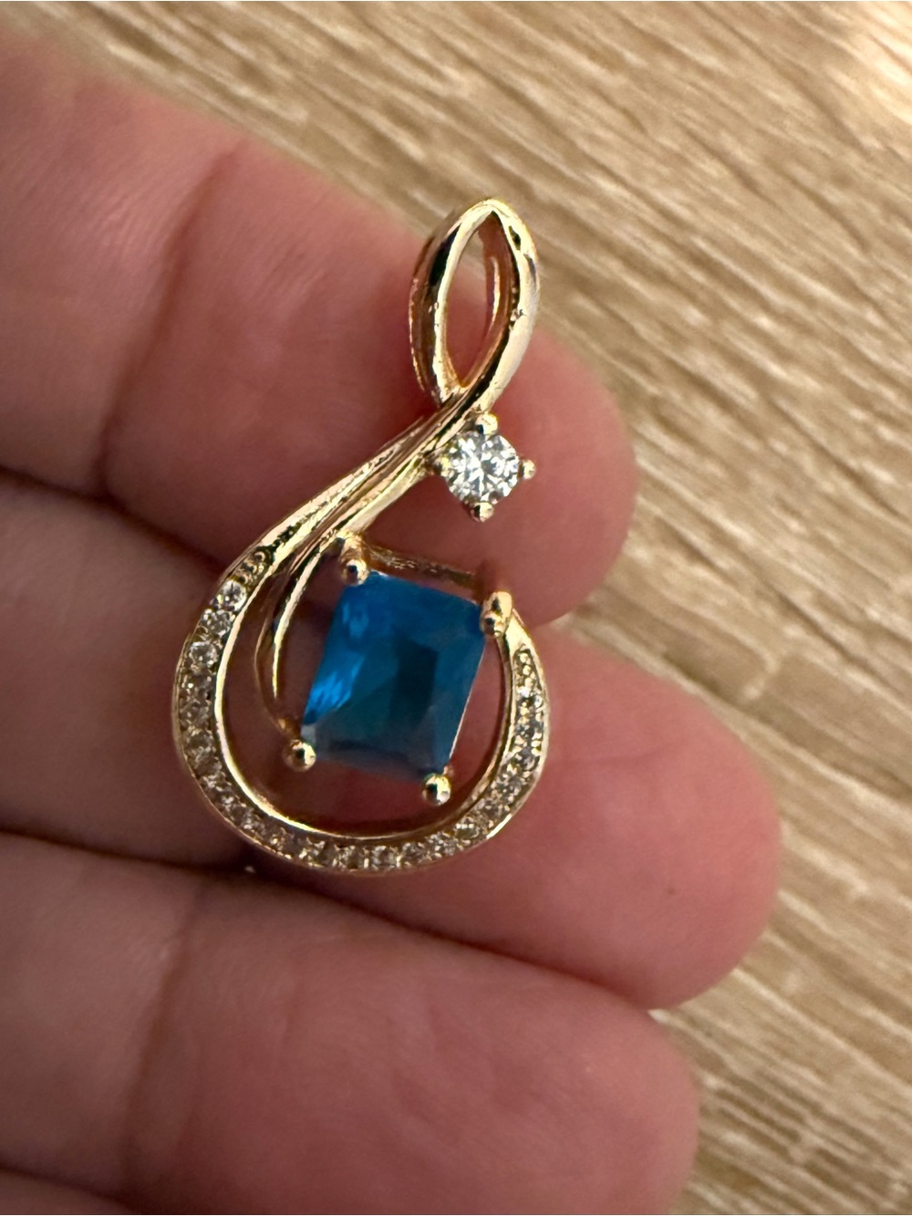 Gold-Tone Pendant with Blue Square Gem and Clear Accent
